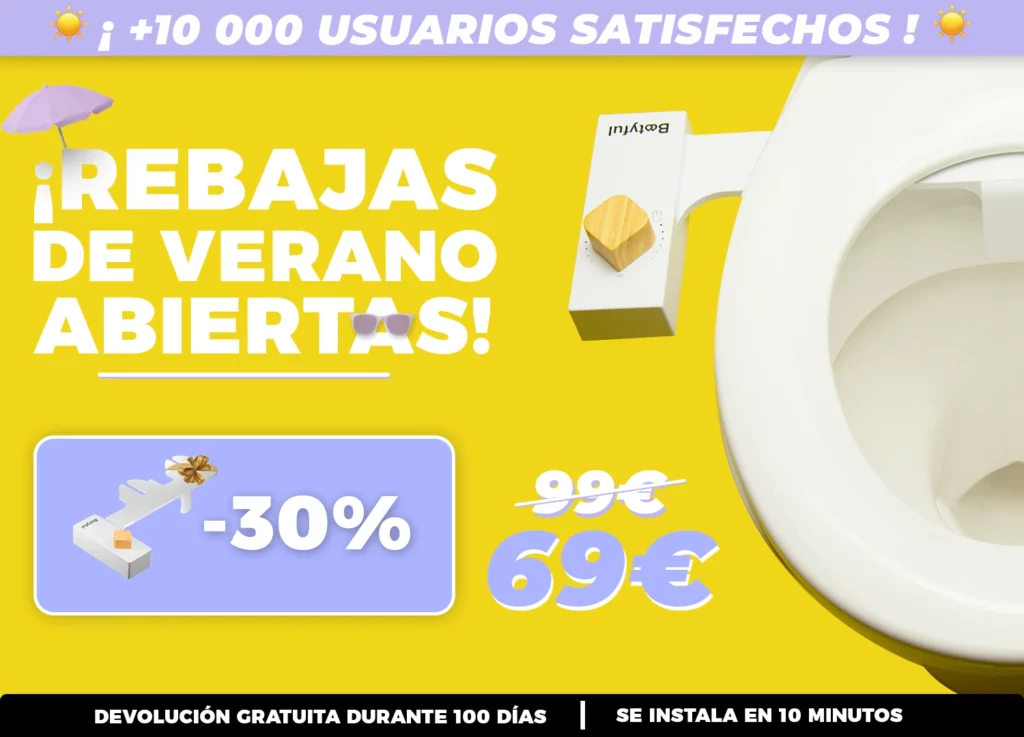 Oferta de verano del bidé portátil Bootyful, instalado en un inodoro, con el precio rebajado a 69 euros.